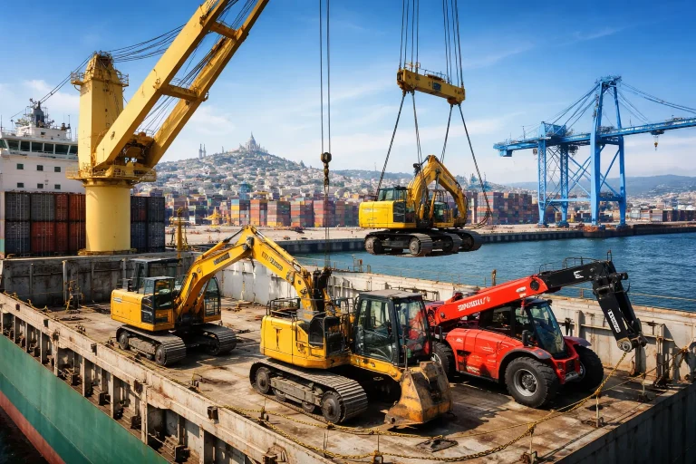 Transport d'engins de chantier à l'export depuis Marseille : pelleteuses, Manitou et matériel BTP.
